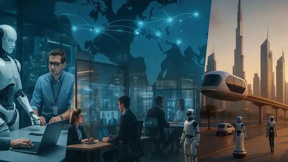 Global hubs of AI and robotics with startup labs, corporate R&D, a connected world map, and Dubai-style smart city elements