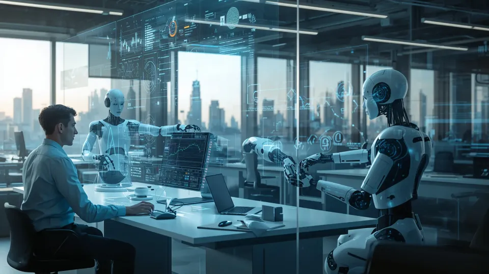 Humans and advanced robots working together in a modern workspace, symbolizing the future of work with AI, robotics, and automation