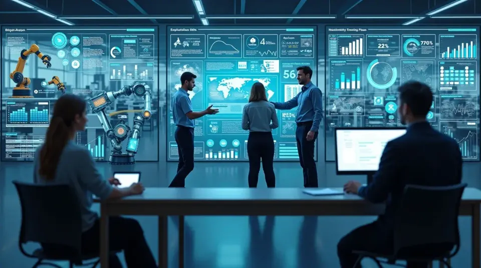 Economic impact of AI and robotics with factory cobots, office AI assistants, charts of job shifts and productivity, and workers in a reskilling class