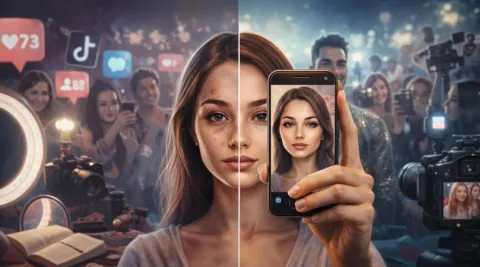 A young woman comparing her real appearance with a filtered social media image, showing the impact of digital aesthetics and online fame