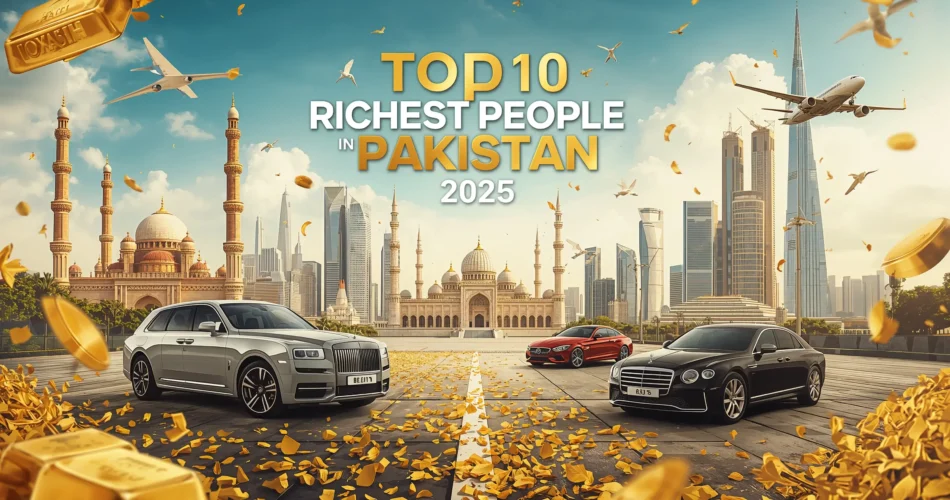Top 10 Richest People in Pakistan 2025 text on luxury-themed background with Pakistan skyline, wealth icons, and modern design
