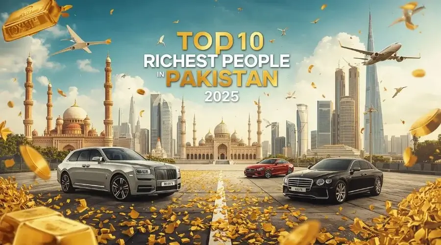 Top 10 Richest People in Pakistan 2025 text on luxury-themed background with Pakistan skyline, wealth icons, and modern design