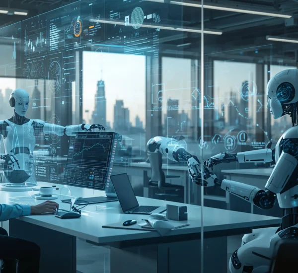Humans and advanced robots working together in a modern workspace, symbolizing the future of work with AI, robotics, and automation