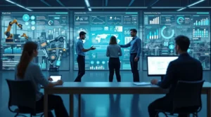 Economic impact of AI and robotics with factory cobots, office AI assistants, charts of job shifts and productivity, and workers in a reskilling class