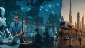 Global hubs of AI and robotics with startup labs, corporate R&D, a connected world map, and Dubai-style smart city elements