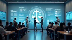 Policymakers debating AI and robotics with justice scales, privacy and bias visuals, human-robot collaboration, and worker reskilling