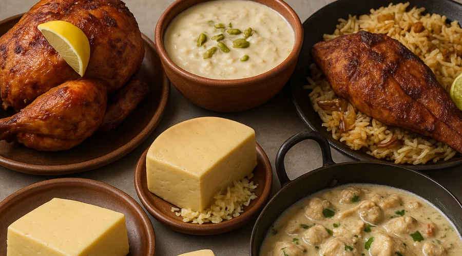 Pakistani food recipes featuring Lahori Chargha Chicken Roast, Peshawari Rice Kheer, Tawa Fish Fry with Pulao, Homemade Cheddar Cheese, and Chicken White Karahi served on a rustic wooden table