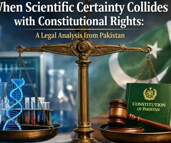 Balance scale showing forensic science and the Constitution of Pakistan representing conflict between scientific certainty and constitutional rights