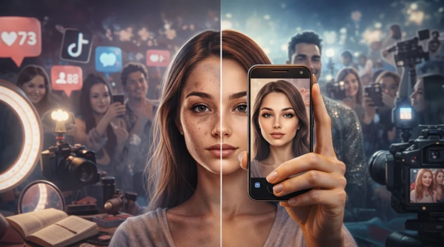 A young woman comparing her real appearance with a filtered social media image, showing the impact of digital aesthetics and online fame